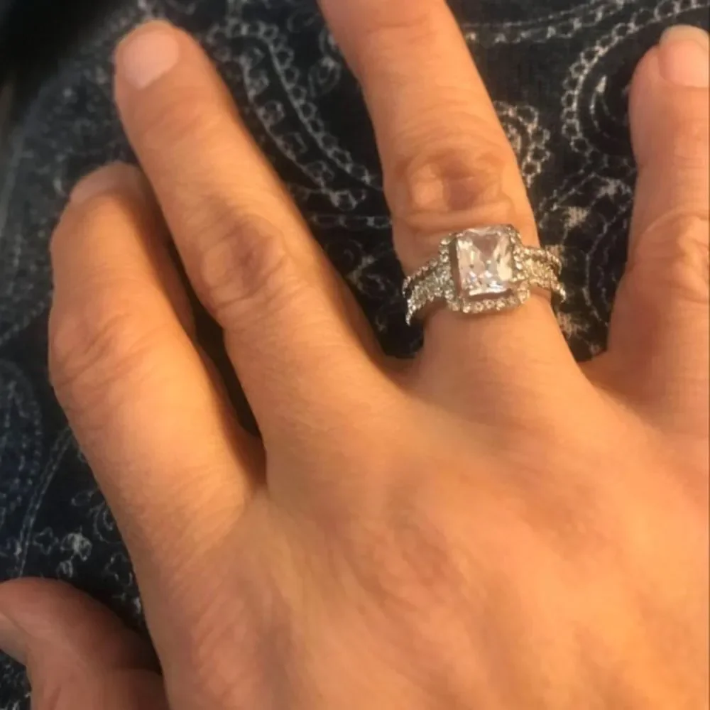 Emerald Cut  & Baguette Diamond Halo Sterling Wedding Engagement Ring
